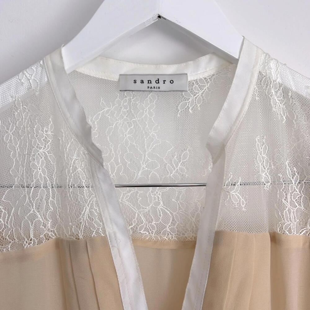 SANDRO Paris Beige and White Silk Popover Short Sleeve Midi Dress Size M - Picture 4 of 5